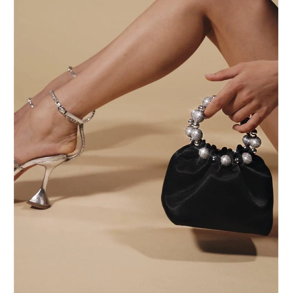 Verafied New York $328 Black Diamond Mini Crystal Handle Satin Bag 2022